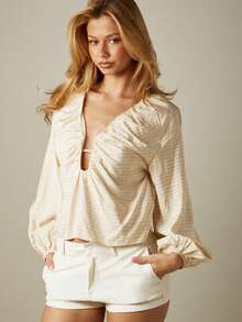 MISSGUIDED Striped Ruched Deep V-Neck Blouse With Balloon Sleeves And Gathered Front Detail - Khaki - View 4