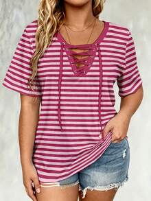 EMERY ROSE Plus Size Simple Striped Print Drawstring Short Sleeve T-Shirt, Summer - Multicolor - View 1