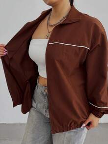 POPSWAY Casual Contrast Color Loose Fit College Street Long Sleeve Lightweight Jacket Fall - Coffee Brown - View 3