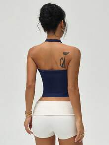 Dewbera Dewbera Women's Solid Color Fitted Ribbed Racerback Sports Tank Top - Navy Blue - View 2