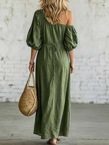 Trelyra Women's Casual Solid Color Dress - Dark Green - View 2