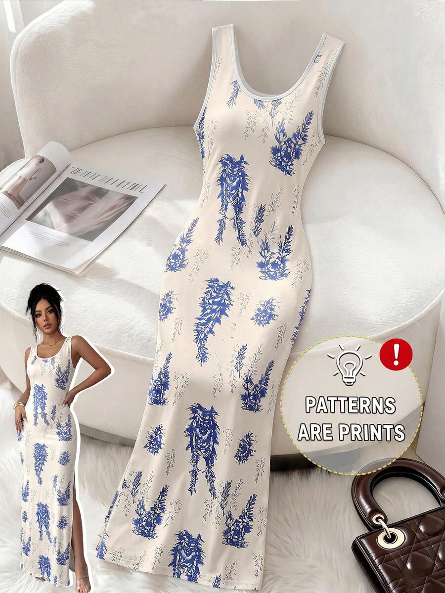 SHEIN Elenzya Exquisite Printed Chinoiserie Waist-Cinching Slit Luxurious Retro Middle Eastern UAE Style Robe, Tight Fit, Multi-Color, Sleeveless - Baby Blue - View 1