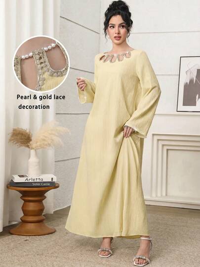 Yasmyna Đầm maxi dài tay kiểu Thổ Nhĩ Kỳ thanh lịch, màu trơn, đính ngọc trai giả, dành cho nữ.