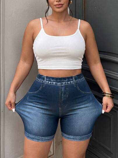Lounesse Plus Size Women Blue Leggings, Fashionable Casual Outerwear, Comfortable Stretchy Fabric