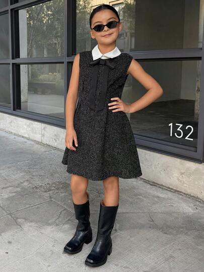 DAZY Girls' Contrast Color Shirt Collar Bow Decor Princess Dress (Plus Size)