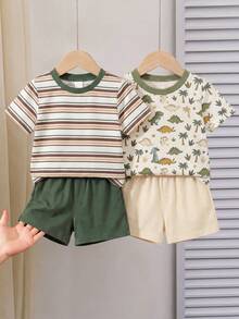 Baby Boy Dinosaur Print Round Neck Short Sleeve T-Shirt And Shorts Set, Casual Minimalist, Suitable For Spring/Summer - Multicolor - View 4