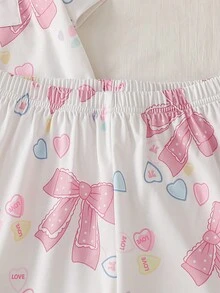 Bộ đồ ngủ tay ngắn và quần short in hình nơ và trái tim dễ thương - Nhiều màu - Xem 7