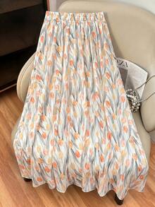 Modelyn Plus Size Tulip Print A-Line Casual Skirt, Spring/Summer - Multicolor - View 2