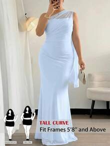 SHEIN Tall CURVE CURVE 大尺碼女款天藍色夏季優雅婚禮賓客不對稱肩無袖長版洋裝，高腰長款派對禮服 - 淺藍色 - 查看 3