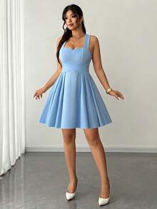 Vestido de mujer talla grande de elegante unicolor, de tela de alta elasticidad, con diseño de tirantes finos, lazo en la cintura, cintura plisada, falda de talla grande, diseño versátil, adecuado para fiesta, festival de música, casual, vacaciones, cita nocturna, Día de San Valentín - Azul - Ver 4