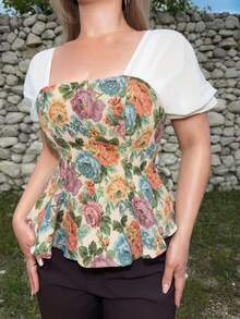 Jeta Ari Women's Floral Patchwork Jacquard Short Sleeve Blouse Vacation Summer - White - View 5