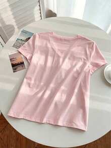 Franclia Women's Casual Vacation Knotted Collar Short Sleeve T-Shirt, Summer - Pink - View 2