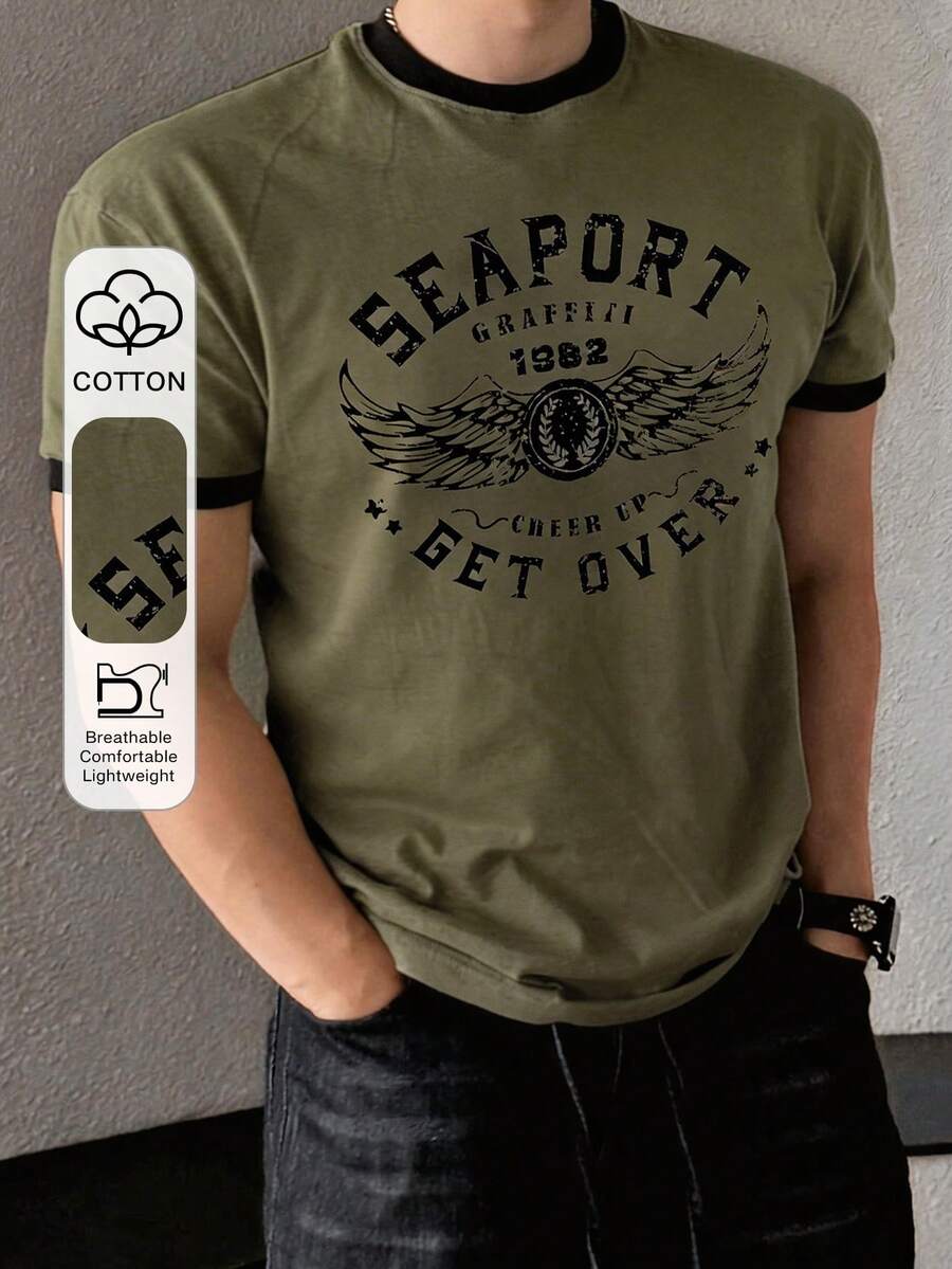 DAZY Kaos Pria Musim Panas dengan Kerah Warna Kontras, Leher Bulat, dan Cetakan Huruf, Potongan Slim Fit. - Grey - View 1