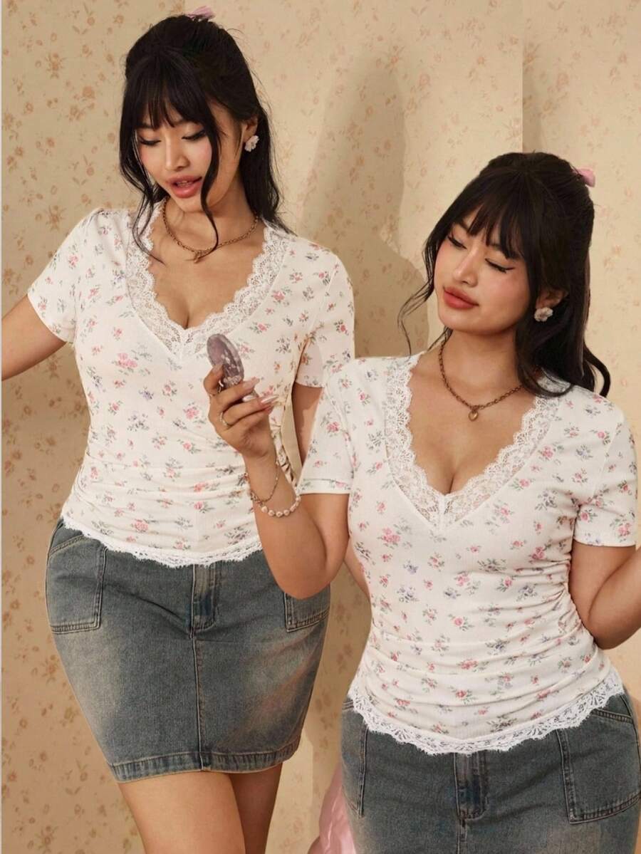 CovetEZ Áo thun dáng ôm vừa vặn, cổ chữ V, phối ren hoa lãng mạn, cỡ lớn, phong cách thường ngày, dành cho mùa xuân/hè. - Nhiều màu - Xem 1