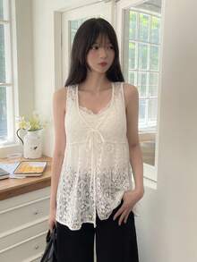 DAZY Áo khoác vest nữ mùa hè dáng rộng, không tay, cổ chữ V, chất liệu ren jacquard, kiểu dáng thường ngày, thích hợp cho kỳ nghỉ. - Màu be - Xem 4