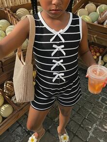 SHEIN 少女夏季休闲条纹蝴蝶结装饰背心和短裤套装 - 彩色 - 查看 4