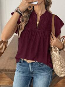 EMERY ROSE Women's Casual Vacation Solid Color Cutout Lace V-Neck Cap Sleeve Blouse, Spring/Summer - Burgundy - View 1