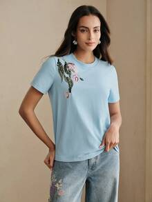 Anewsta Áo thun nữ dáng rộng cổ tròn thêu hoa đính cườm thanh lịch, thích hợp cho mùa hè. - Màu xanh lam - Xem 3