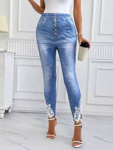 SHEIN Clasi Pantalones de mujer de corte ajustado con estampado de mezclilla para otoño, cita nocturna, uso diario, brunch, golf, trabajo, salida, semiformal, sexy, casual, elegante, azul y blanco - Azul - Ver 7