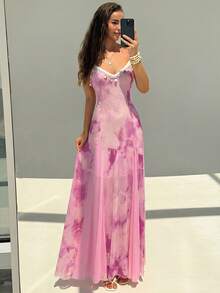 Aloruh New Romantic Bohemian Floral Mesh Print Patchwork Shell Ribbon Waist Maxi A-Line Dress,Dresses For Women Summer - Pink - View 5
