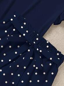 SHEIN LUNE Plus Size Women's Solid Color Round Neck Ruffle Sleeve Top And Polka Dot Print Shorts 2 Pieces Set - Navy Blue - View 3
