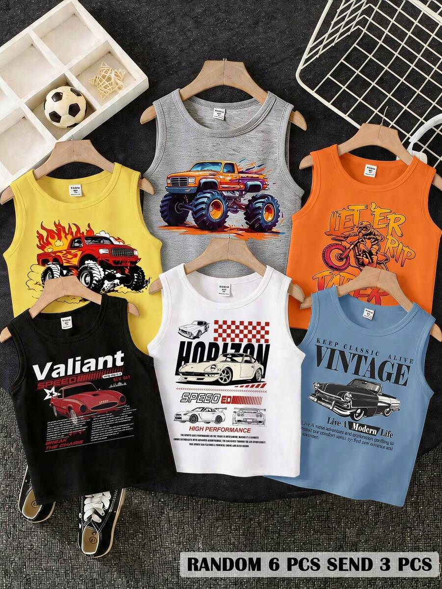 6pcs/Set Classic Sporty Racer Print Sleeveless Tank Tops, Vintage Racing Culture Pattern Graphic Vest Blind Box, Random 3pcs Sent - Multicolor - View 1