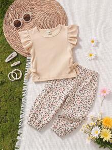 SHEIN Vintaside Kids 2件組嬰兒&女嬰羅紋荷葉袖T恤&碎花長褲套裝 嬰兒米色夏季熱帶家庭穿搭休閒派對度假裝 - 卡其色 - 查看 4