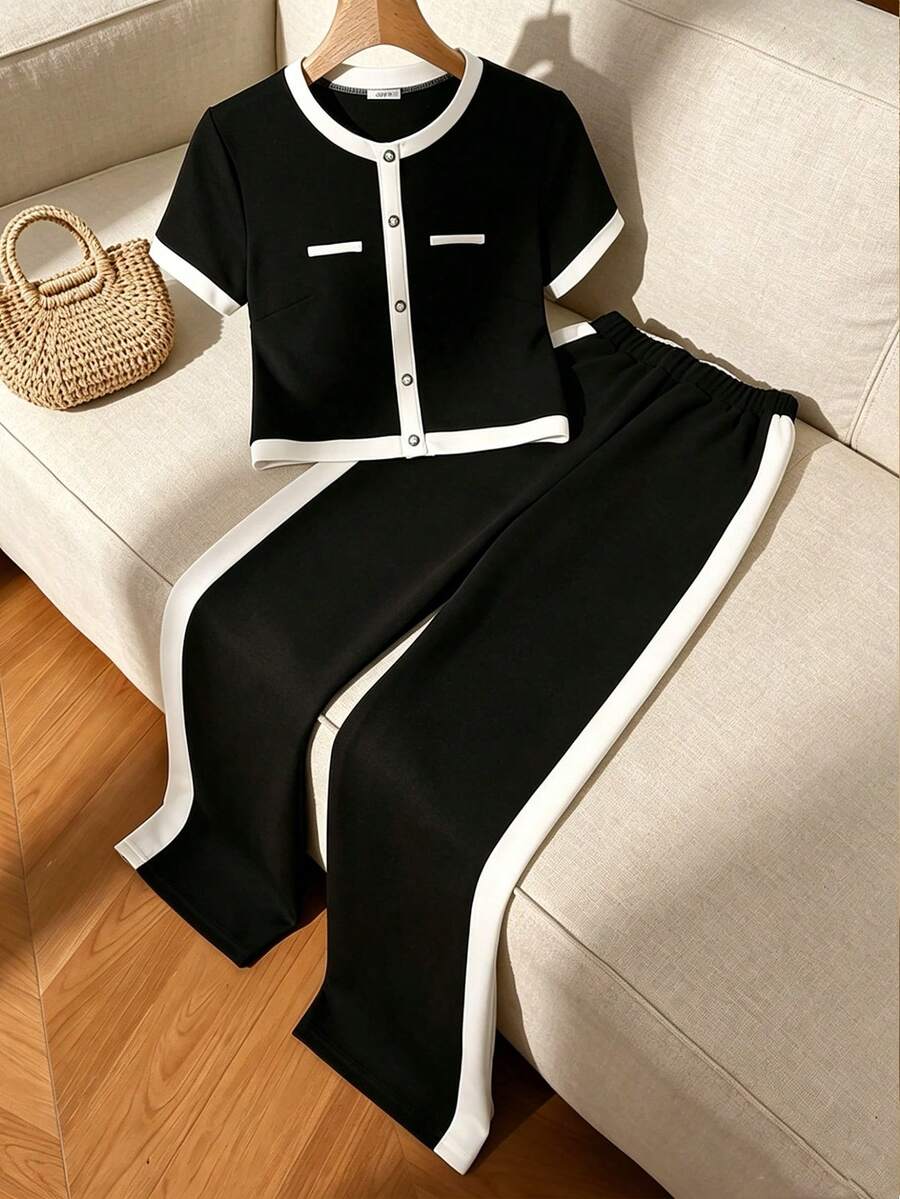 SHEIN LUNE Women's Contrast Color Round Neck Short Sleeve Button-Up Top And Wide Leg Pants Casual 2 Pieces Set - Black - View 1