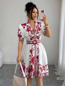 Rafferiza Women's Romantic Elegant Vacation Outfit, Blue & White Floral Print Short Sleeve Cinched Waist Waist Short Dress, Spring/Summer - Multicolor - View 1