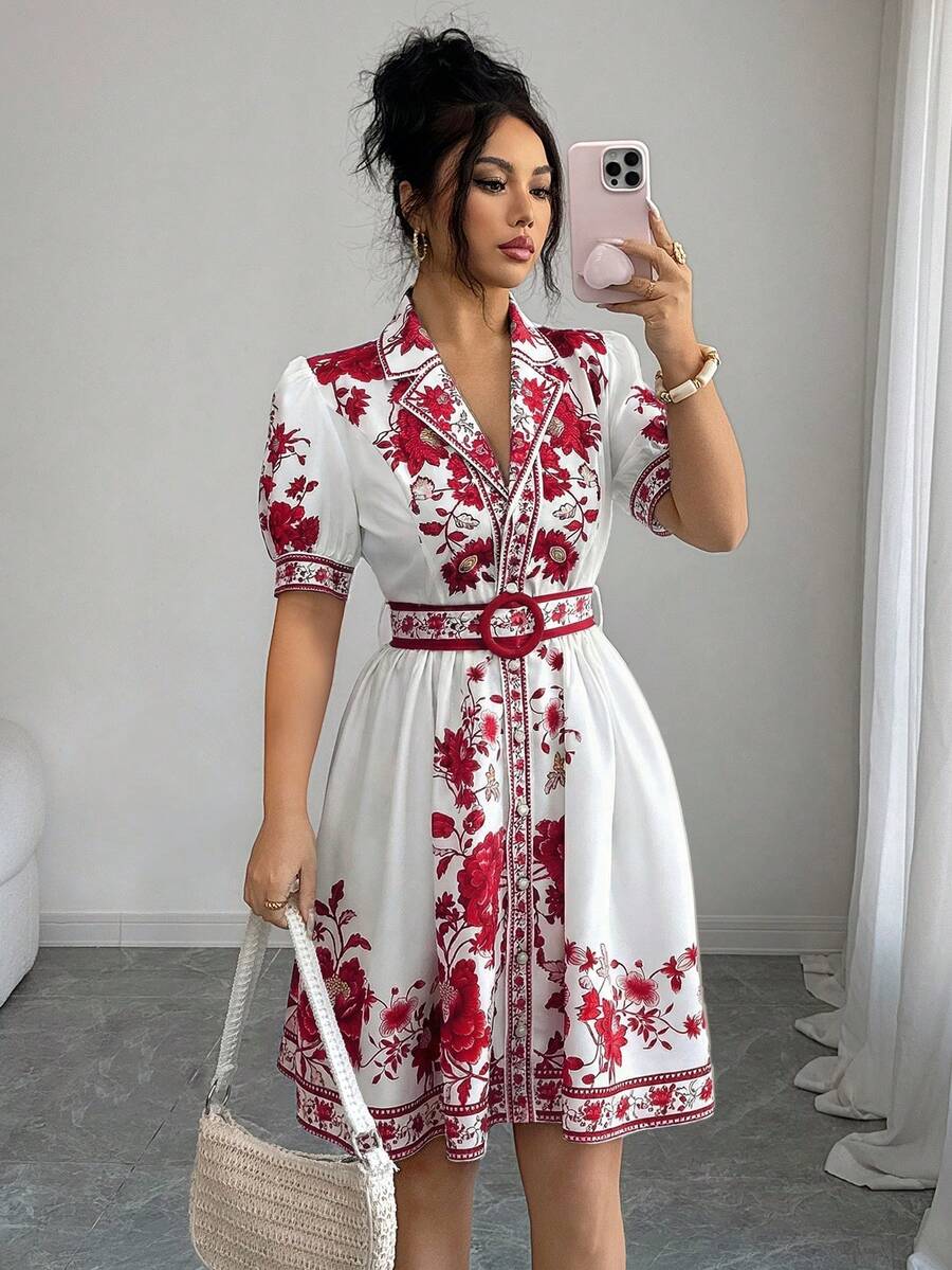Rafferiza Women's Romantic Elegant Vacation Outfit, Blue & White Floral Print Short Sleeve Cinched Waist Waist Short Dress, Spring/Summer - Multicolor - View 1