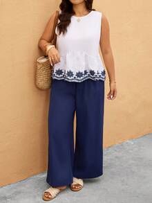 Elaquor Plus Size Floral Embroidery Vest And Pants 2 Pieces Set, Casual Holiday Outfit - Multicolor - View 7