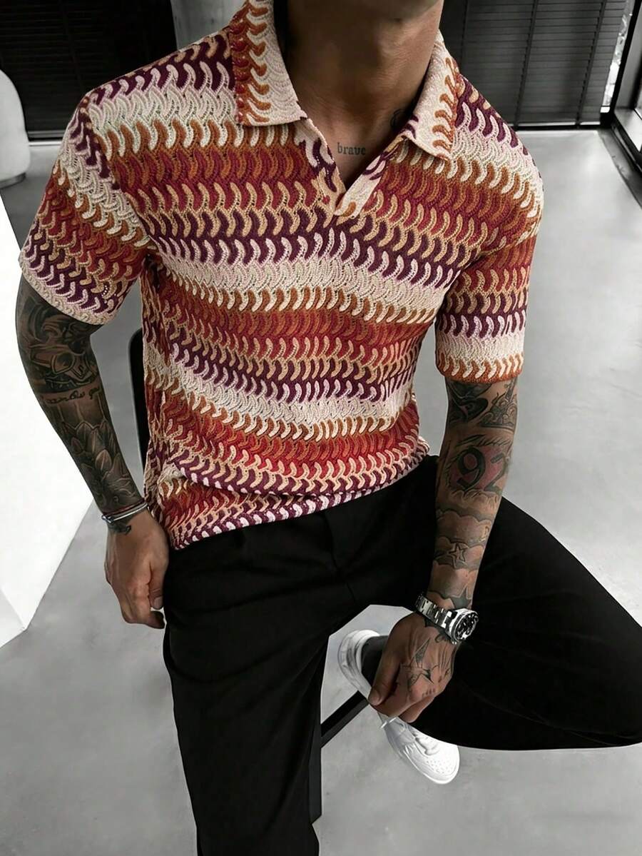 Manfinity Homme 男士夏季休闲度假风V领短袖透气网眼上衣 - 彩色 - 查看 1