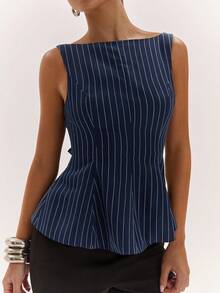SHEIN BAE Women's Striped Print Backless Elegant Tank Top For Summer, Festival Fall - Navy Blue - View 6