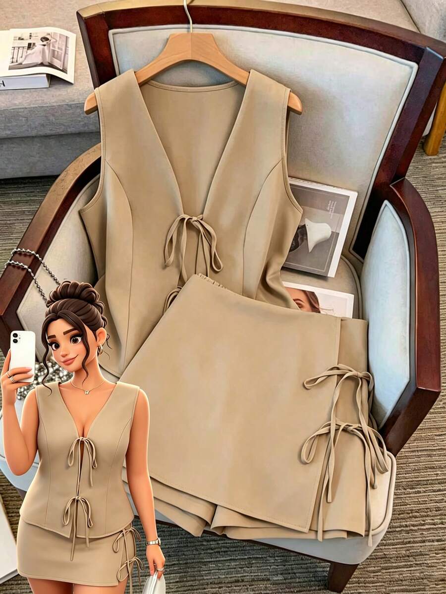 GlowEve CURVE Damen Große Größen minimalistisches Trägertop mit Bindedetail und lässiger asymmetrischer Saum Mini-Rock 2 Stücke Set - Khaki - Übersicht 1