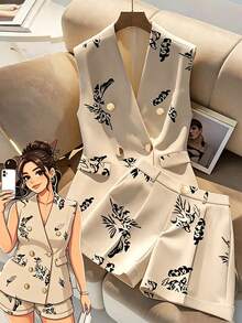 SHEIN Clasi 时尚优雅V领无袖收腰数码印花两件套，大码，春夏款 - 卡其色 - 查看 1