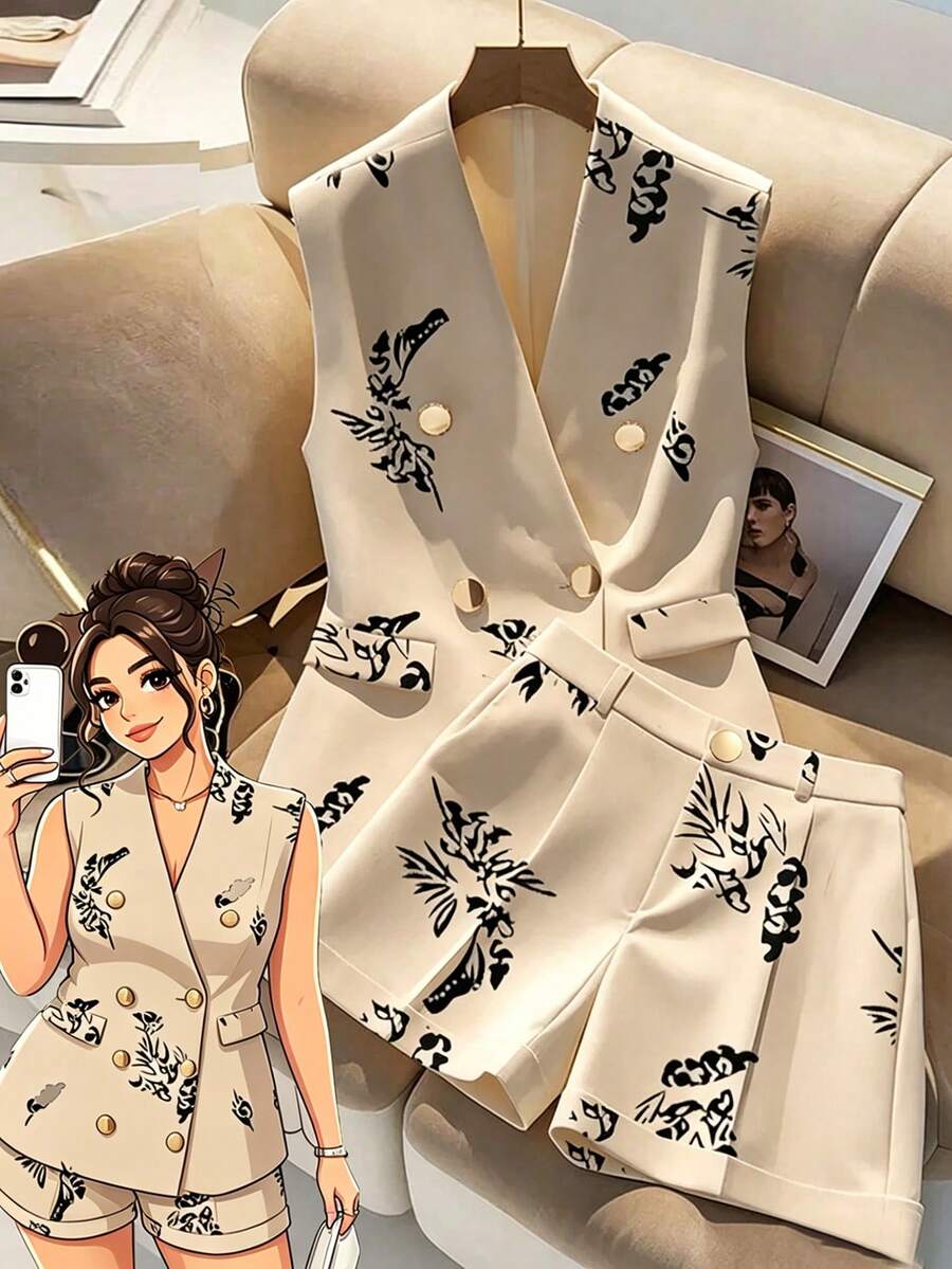 SHEIN Clasi 时尚优雅V领无袖收腰数码印花两件套,大码,春夏款 - 卡其色 - 查看 1