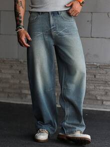 DAZY Pantalones vaqueros casuales de hombre de primavera con letras de strass - Azul - Ver 1