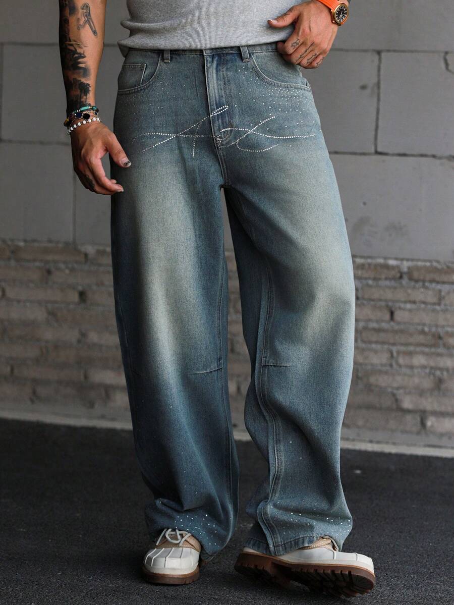 DAZY Pantalones vaqueros casuales de hombre de primavera con letras de strass - Azul - Ver 1