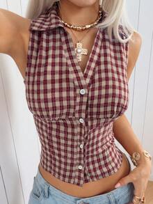 SHEIN EZwear Áo không tay kẻ caro đỏ kiểu vintage dành cho nữ, thích hợp cho mùa hè. - Đỏ - Xem 6