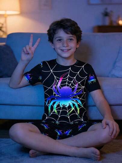 SHEIN 2pcs Kids Tween Boy Snug Fit Fluorescent Spider Print Crew Neck Short Sleeve Shorts Soft Sleepwear Set, Suitable For Spring And Summer Home Wear