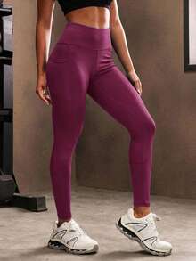Powerista Women's Minimalist Solid Color High Waist Patchwork Pocket Shapewear Leggings - Red Violet - View 5