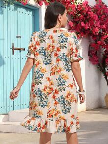 Miaspire Đầm nữ cỡ lớn thanh lịch in hoa, viền bèo nhún, thích hợp cho mùa hè. - Nhiều màu - Xem 3