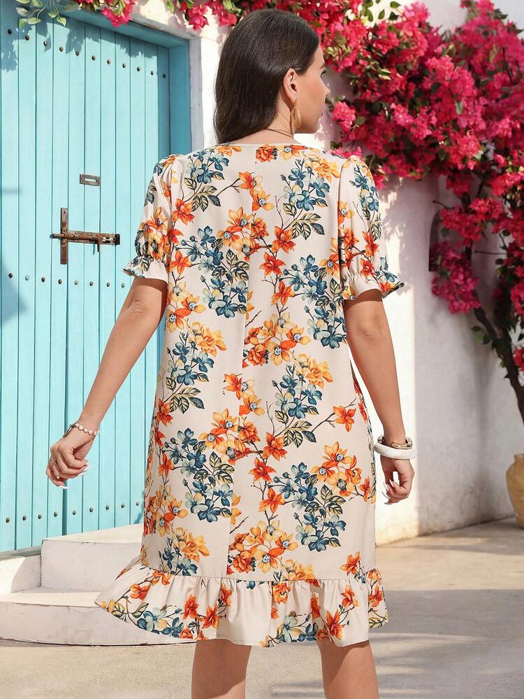 Plus Size Women's Elegant Floral Print Ruffle Hem Dress, Summer,Summer Outfits For Women ,Going Out Outfits,Vacation Outfits Women,Summer Holiday Outfits,Holiday Dresses ,Casual Dresses For Women ,Floral Dresses For Women