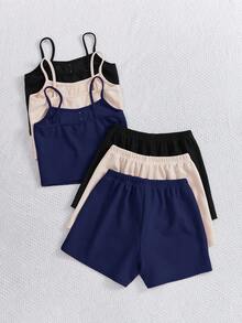SHEIN 3/6件套少女休闲纯色吊带背心+短裤套装 - 藏蓝色 - 查看 2