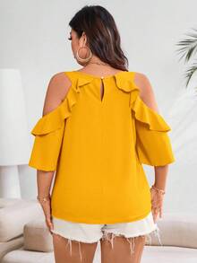Vionelle Plus Cold Shoulder Ruffle Trim Blouse For Summer For New Year Clothes - Yellow - View 2