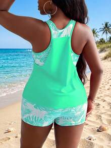 Slaydiva Conjunto de tankini de talla grande con estampado aleatorio para mujer - verde menta - Ver 2