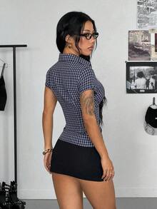 StreetHx Women's Vintage Checkered Collared V-Neck Ruched Shirt, Minimalist Style, Spring/Summer - Navy Blue - View 2