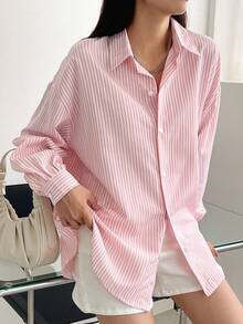 DAZY Striped Drop Shoulder Shirt,Fall Clothes Long Sleeve Top - Baby Pink - View 9
