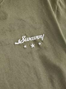SWAVVY 男士休闲标准尺码宽松白色短袖T恤，前后均有印花刺绣 - 綠色 - 查看 5