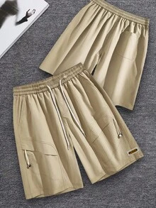Manfinity LEGND Men's Loose Solid Casual Shorts, Urban Style Drawstring Waist, Daily & Weekend Wear - Khaki - View 3